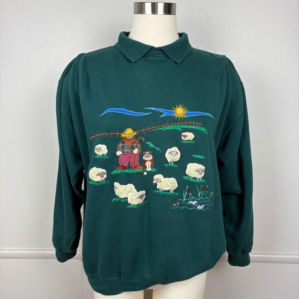 Vintage 95 Tulchan Farmer Jacob Dog Sheep Collar Sweatshirt Green Sz L Farmcore